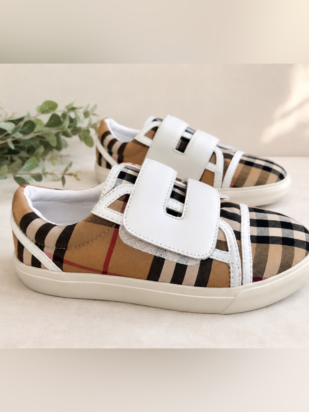 Burberry Kids Plaid Velcro Sneakers - White Strap